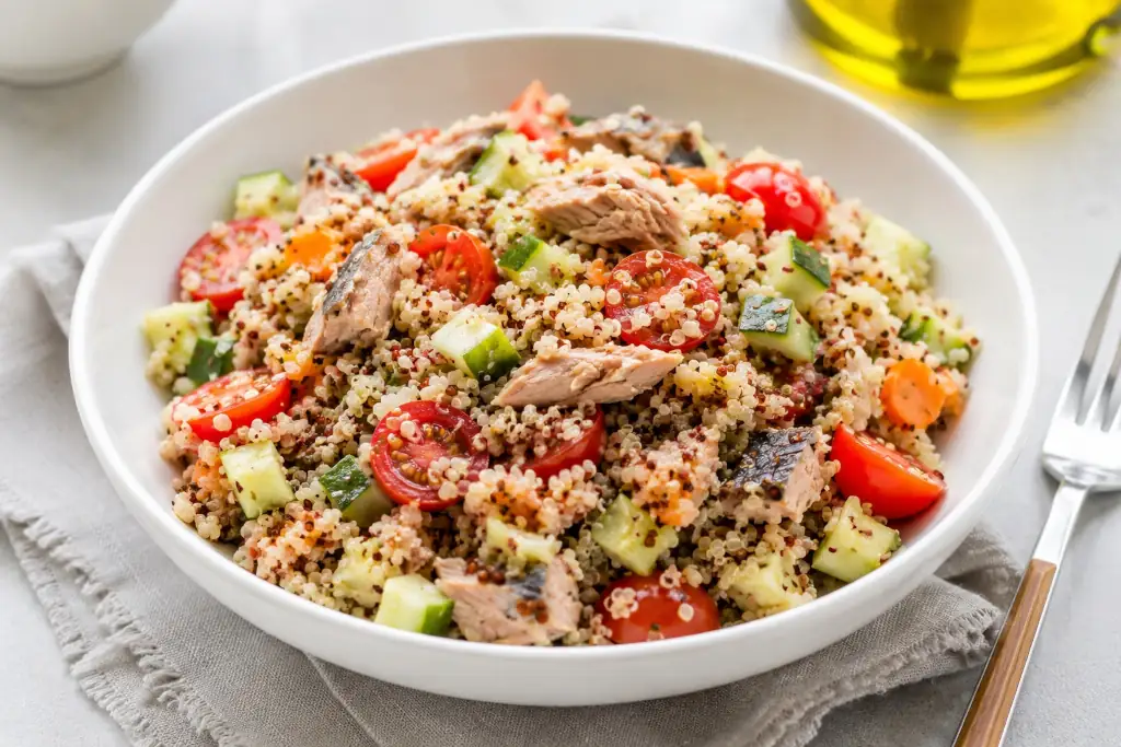 piatto in tavola con quinoa, verdure e sgombro